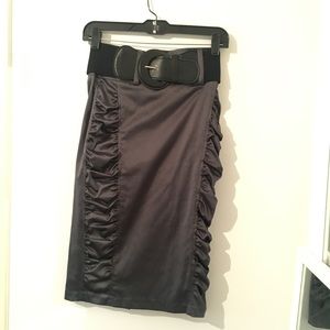 Satin stretchy gunmetal pencil skirt with belt